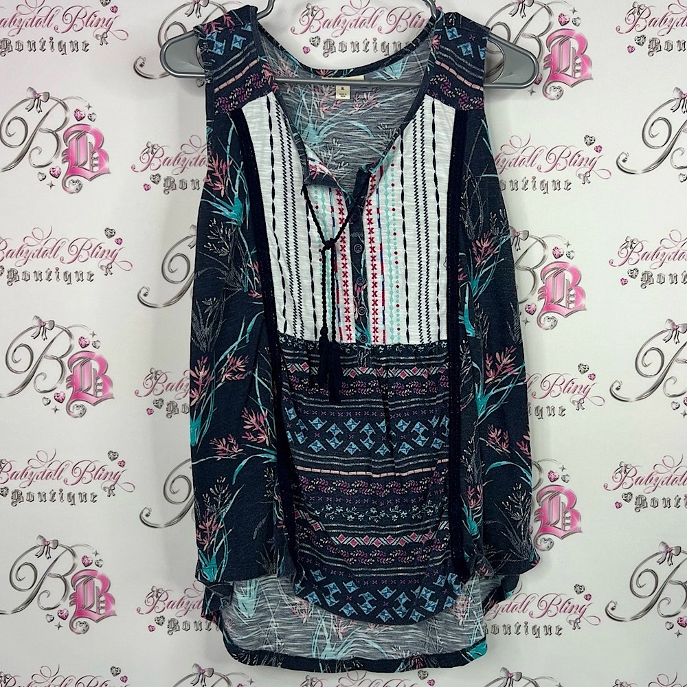 Style & Co. Tank top tassles tie up paisley floral Multicolor Patterned Tank Top